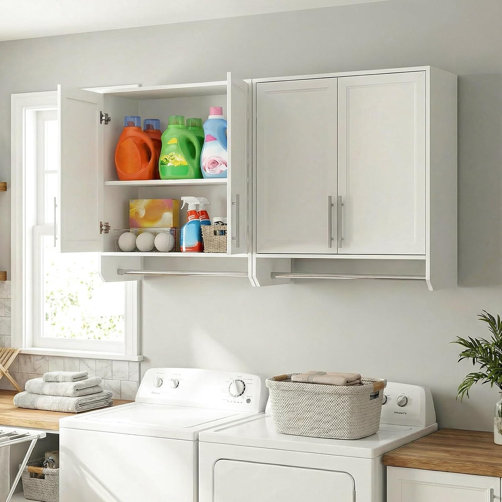 Furnaza 60" W Large Laundry Room Wall Mounted Cabinets with Hanging Rod