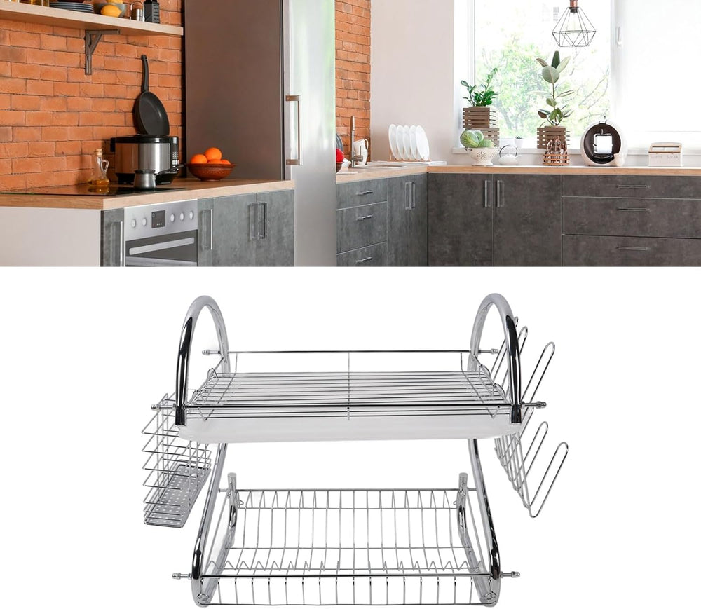 Ymiko Dish Rack 2 Tier Bowl Dish Drainer Organized Kitchen Drying Rack for Ti...