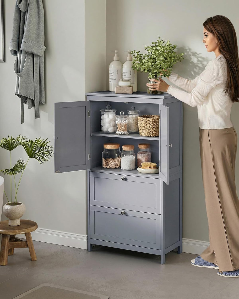 VASAGLE Bathroom Storage Cabinet with 2 Doors, 2 Drawers, Dove Gray