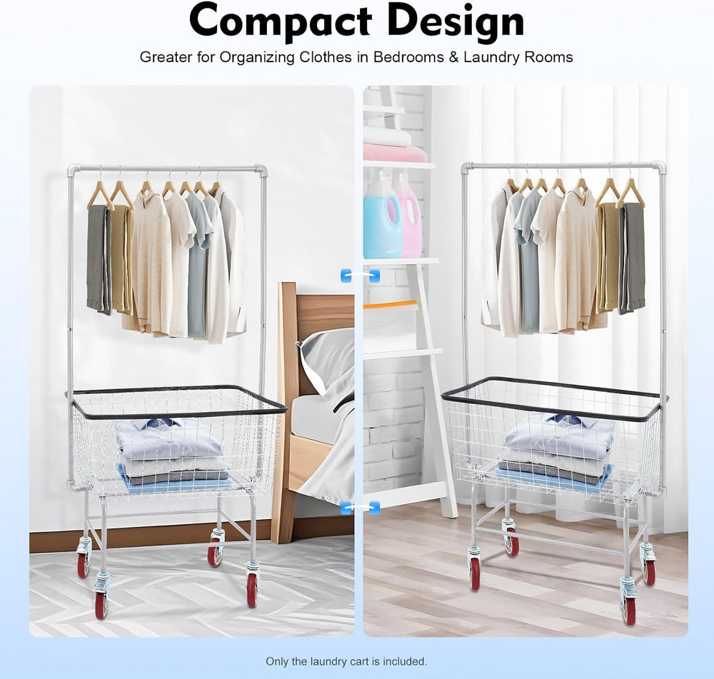 Wire Laundry Cart With Hanging Rack, 2.5 Bushel Wire Laundry Basket with Whee...