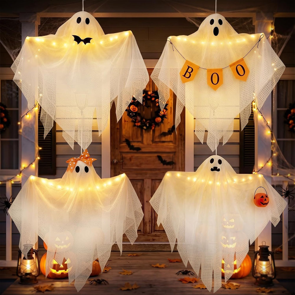 4 Pack Lighted Hanging Ghost Decorations with Timer for Halloween Decor
