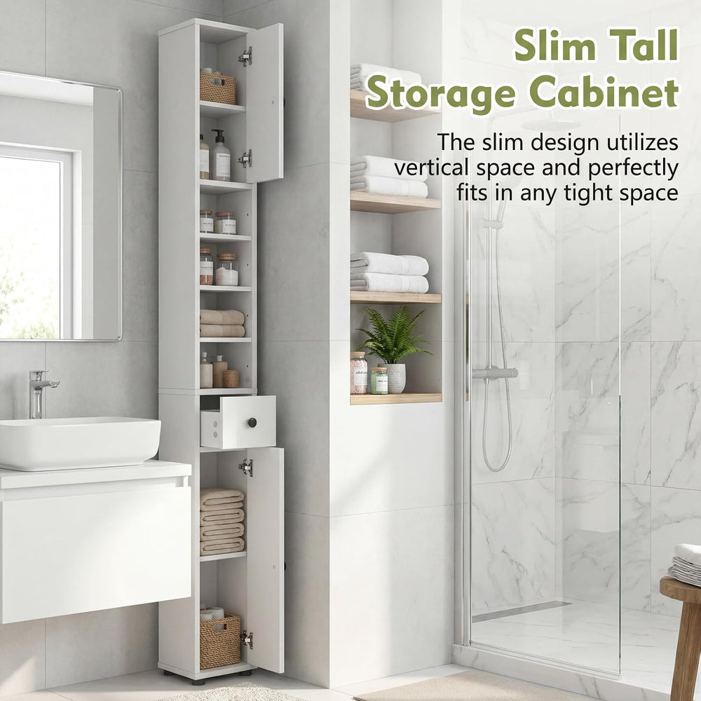 COSTWAY 71" Tall Slim Bathroom Storage Cabinet, 1 Drawer, 2 Doors, White
