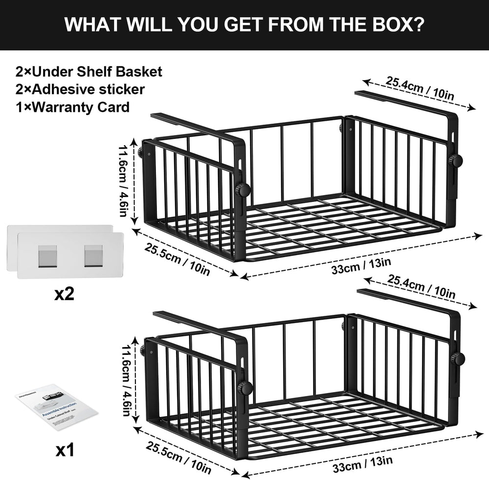 2Pack Under Shelf Storage Basket Organizer, Black