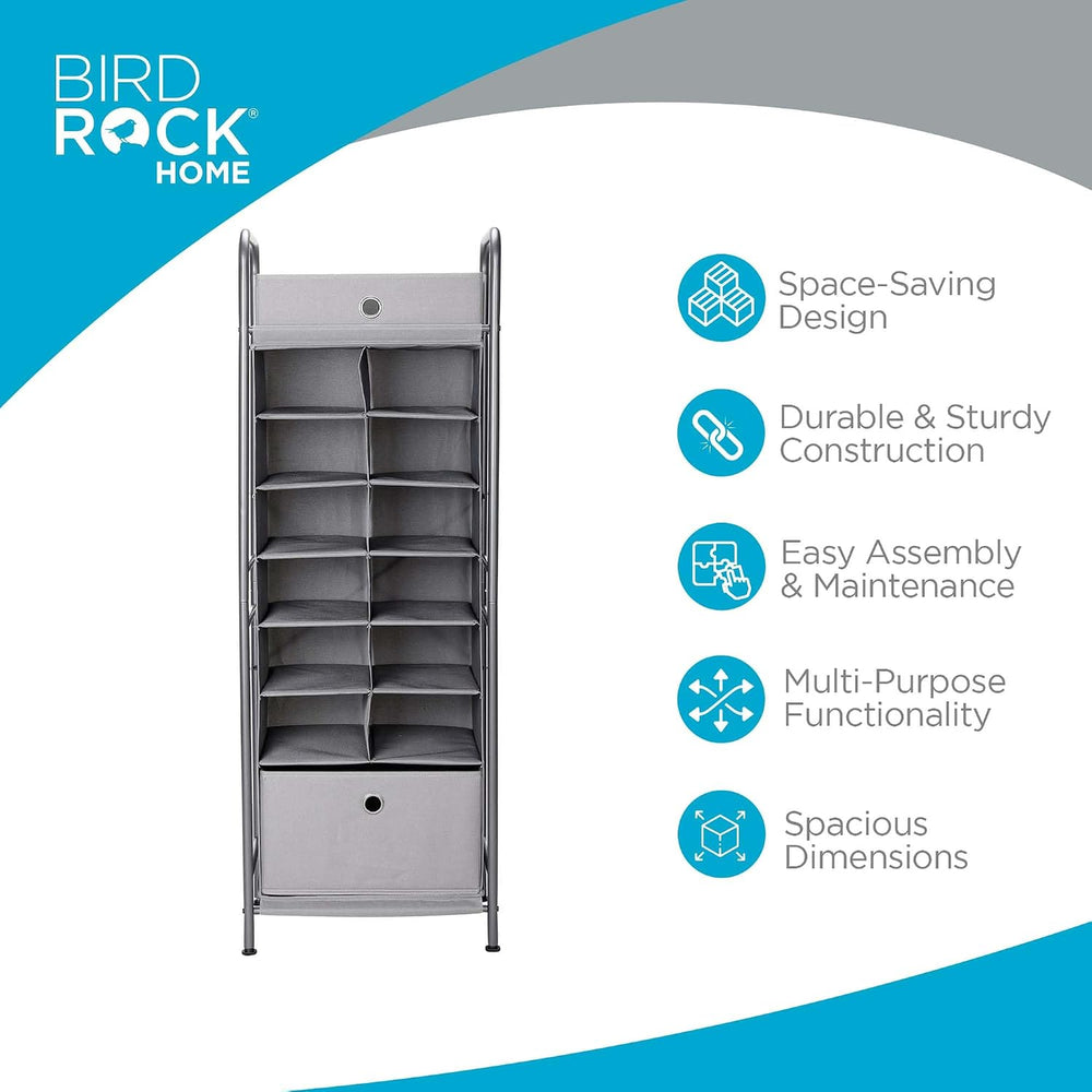 BIRDROCK HOME 12 Cubby Vertical Shoe Rack Organizer with Large Drawer - Grey ...