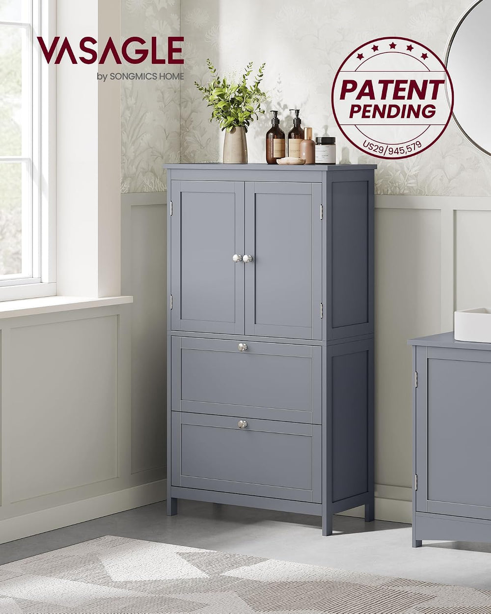 VASAGLE Bathroom Storage Cabinet with 2 Doors, 2 Drawers, Dove Gray