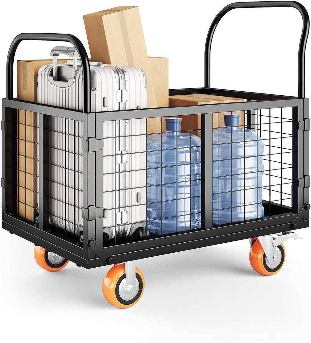 GarveeTech Platform Truck with Cage, 6-in-1 Multi-Purpose Flatbed Cart