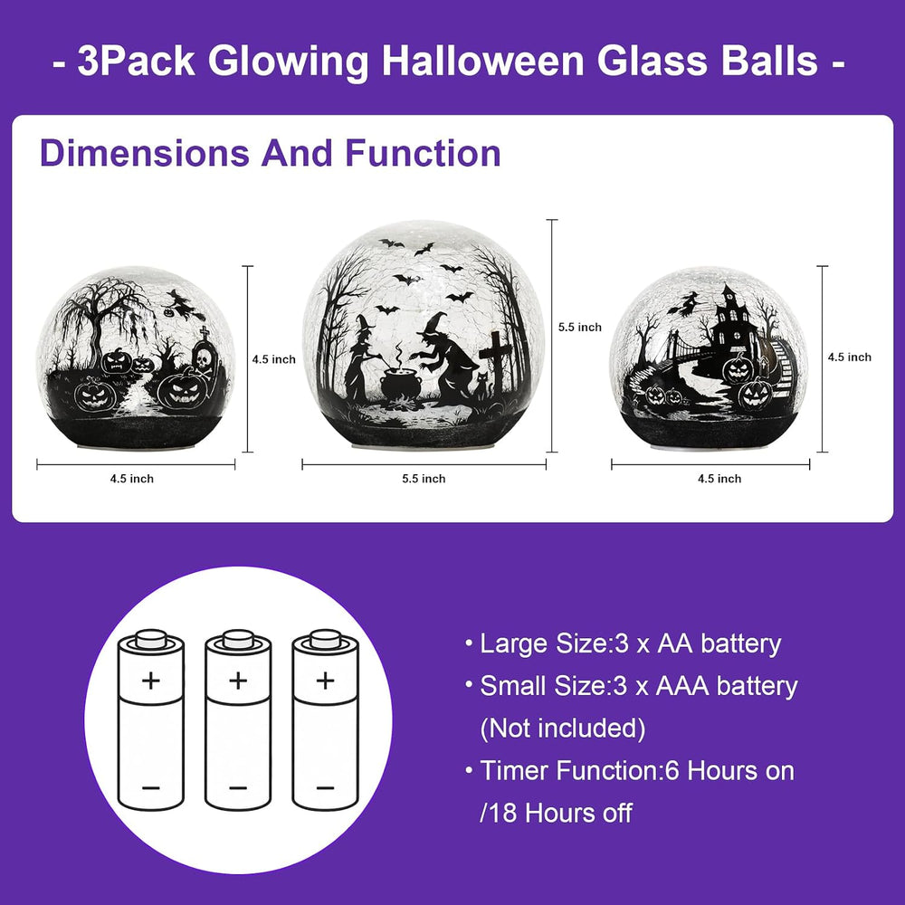 NEEDOMO Halloween Decorations Indoor, 3 Pack Witch Crackle Glass Globe Purple...