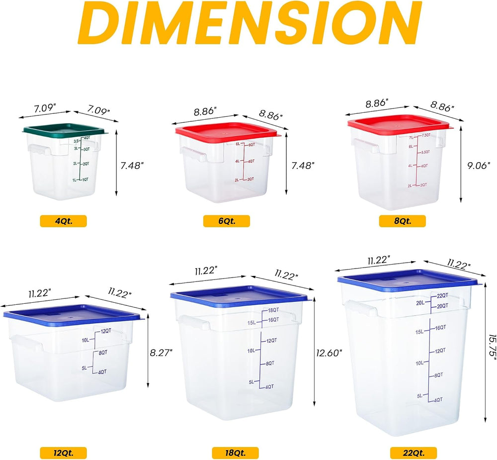 BIEAMA 4 Pack 6 Qt Square Food Storage Containers with Lids, NSF, Clear
