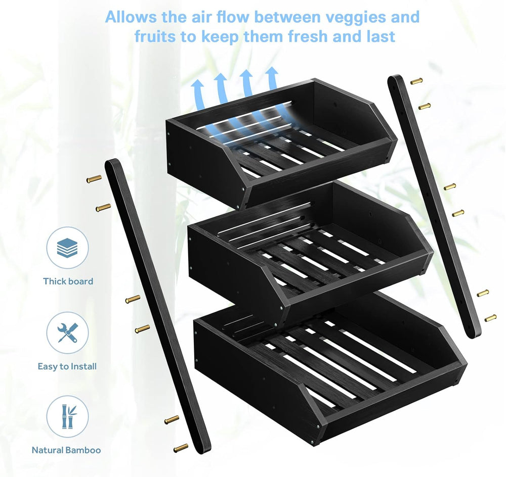 G.a HOMEFAVOR 3-Tier Fruit Basket for Kitchen Counter, Black, Self-assembly