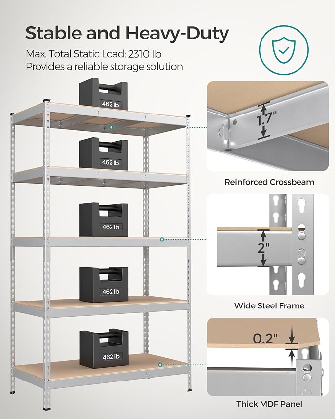 SONGMICS 5-Tier Storage Shelves, Load 2310 lb, Boltless Assembly, Adjustable ...