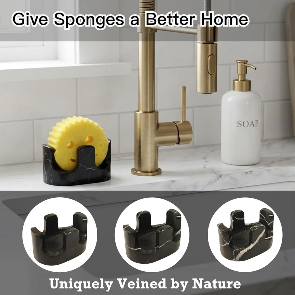 Black Marble Sponge Holder for Kitchen Sink, 2-in-1 Natural Stone Sponge &amp...