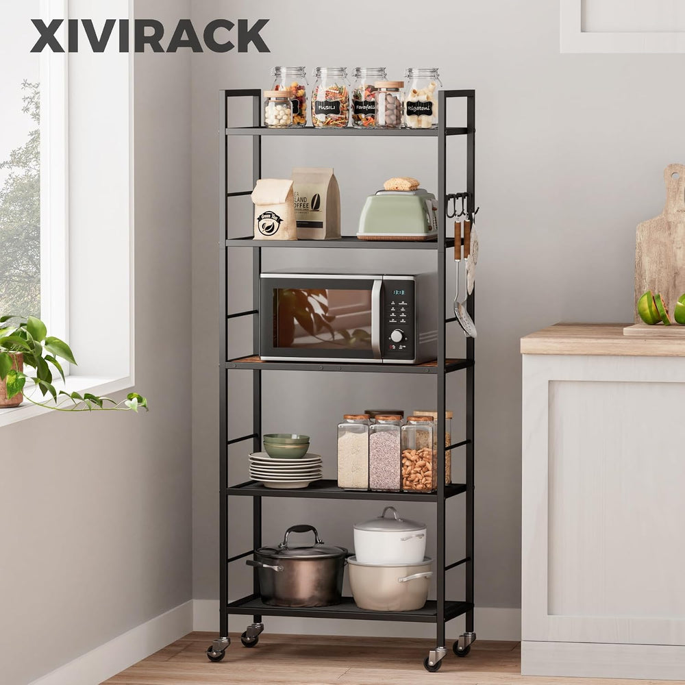 5-Tier Metal Storage Rack with Industrial Wheels,Mesh Shelving Unit with Wood...
