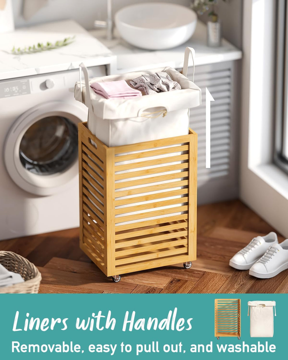 Laundry Hamper, 22.7 Gallon (86L) Bamboo Wood Clothes Laundry Basket with Whe...