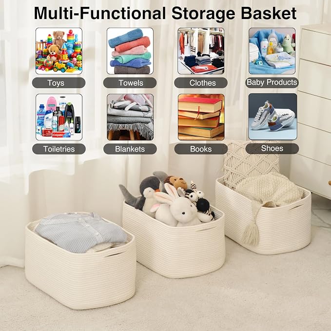 Large Storage Baskets for Organizing Shelves, Woven Cotton Rope Bins for Baby...