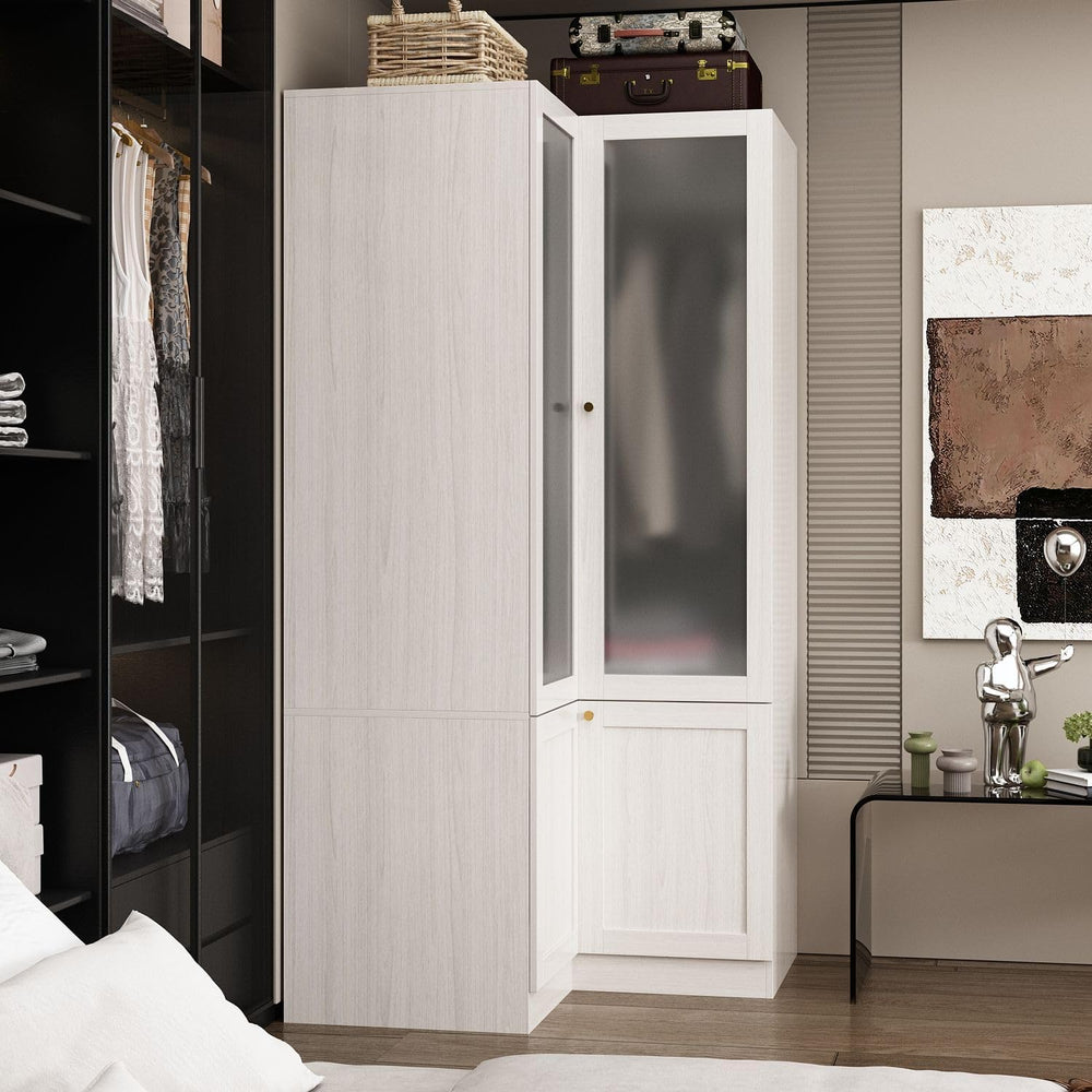 MOUMON Corner Wardrobe, L-Shaped Modern Bedroom Armoires with Frosted Glass D...