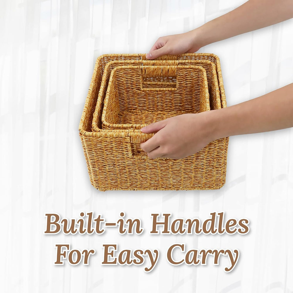WeeNest Baskets with Handles, Wicker Storage, Set of 3, Amber