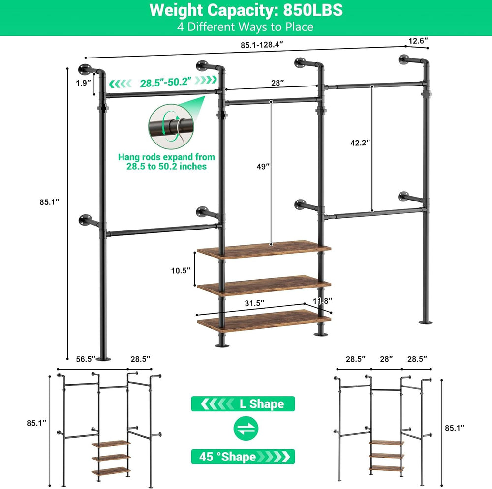 Aheaplus Industrial Corner Pipe Clothing Rack, 7.3-10.9Ft Closet System