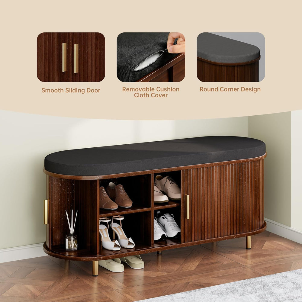 Entryway Bench with Storage: 43.31" Wooden Bedroom Shoe Bench with Thick...