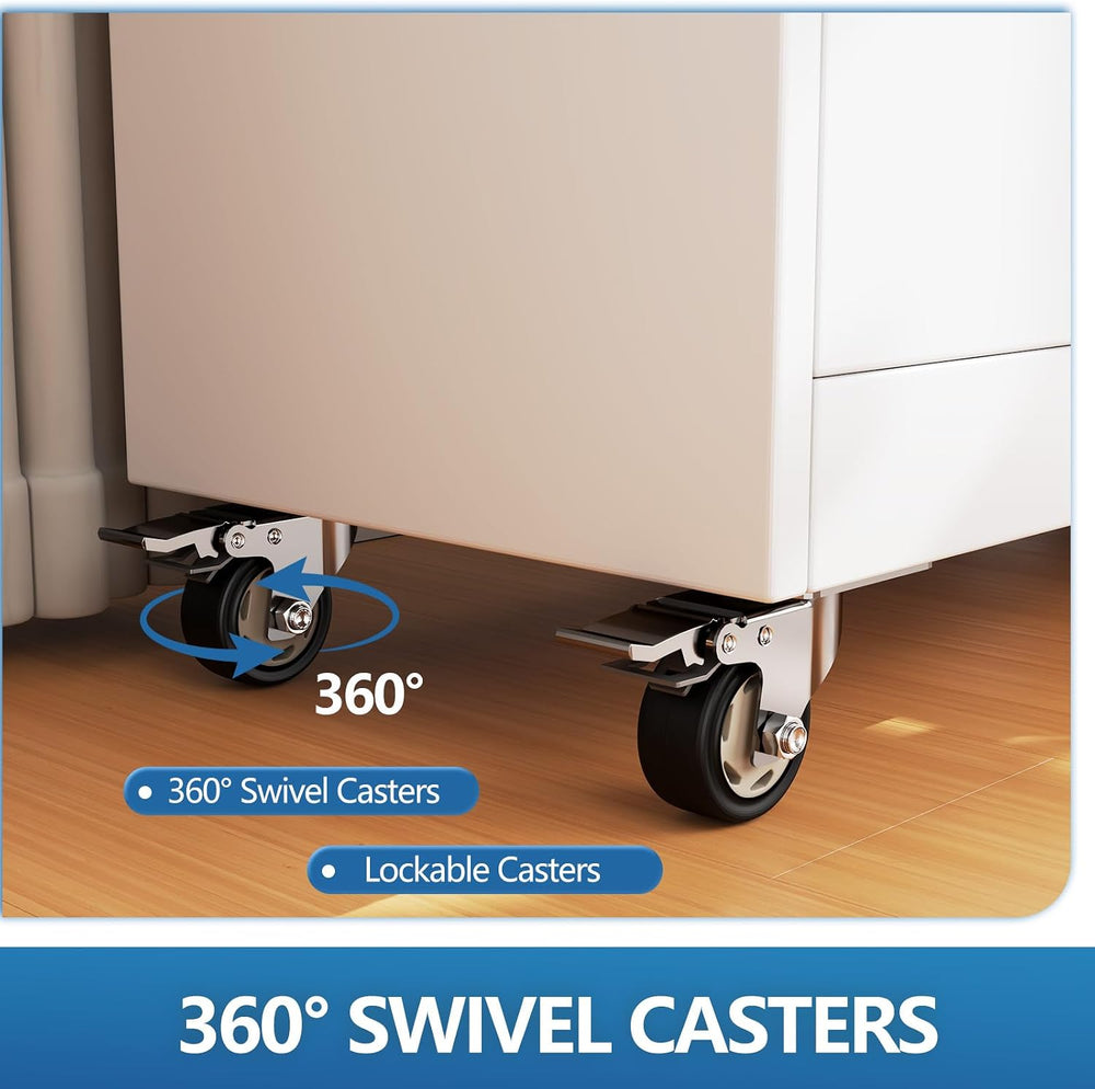 3 Drawer Lockable Lateral Mobile Steel File Cabinet with Wheels, White