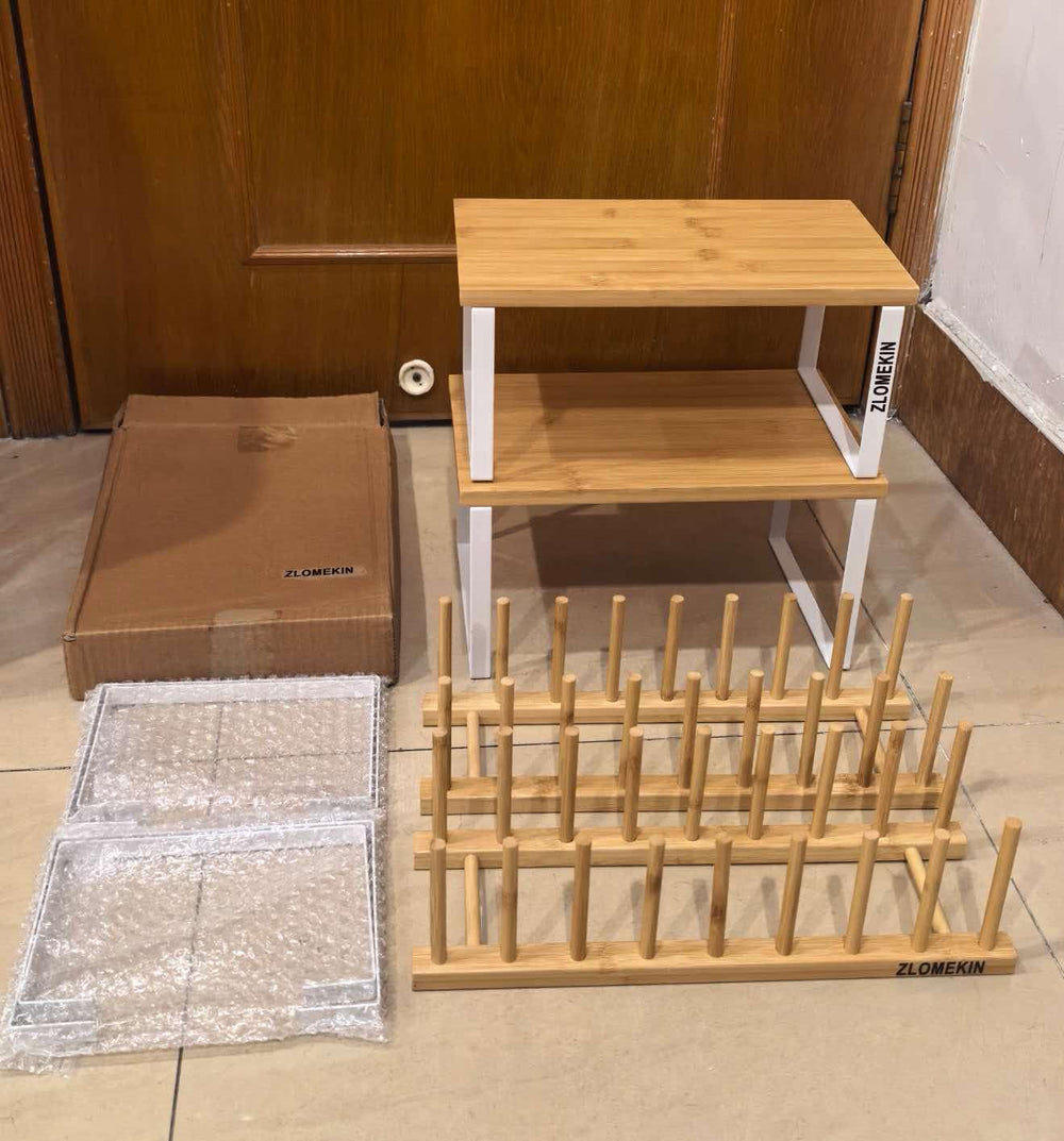 4 Pcs Stackable Dish Rack Set, 2 Shelves & 2 Drying Racks, Natural Wood K...