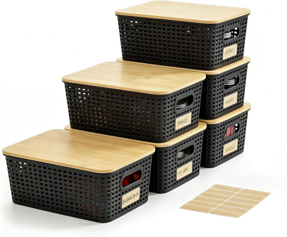 Small Plastic Storage Bins with Bamboo Lids 5.2qt Stackable Box Basket Pantry...