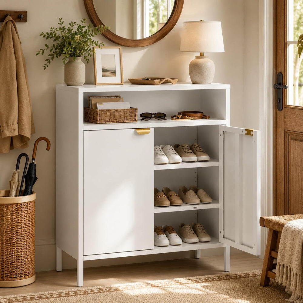 VINGLI Metal Shoe Cabinet, White Entryway Shoe Storage Cabinet with 2 Doors a...