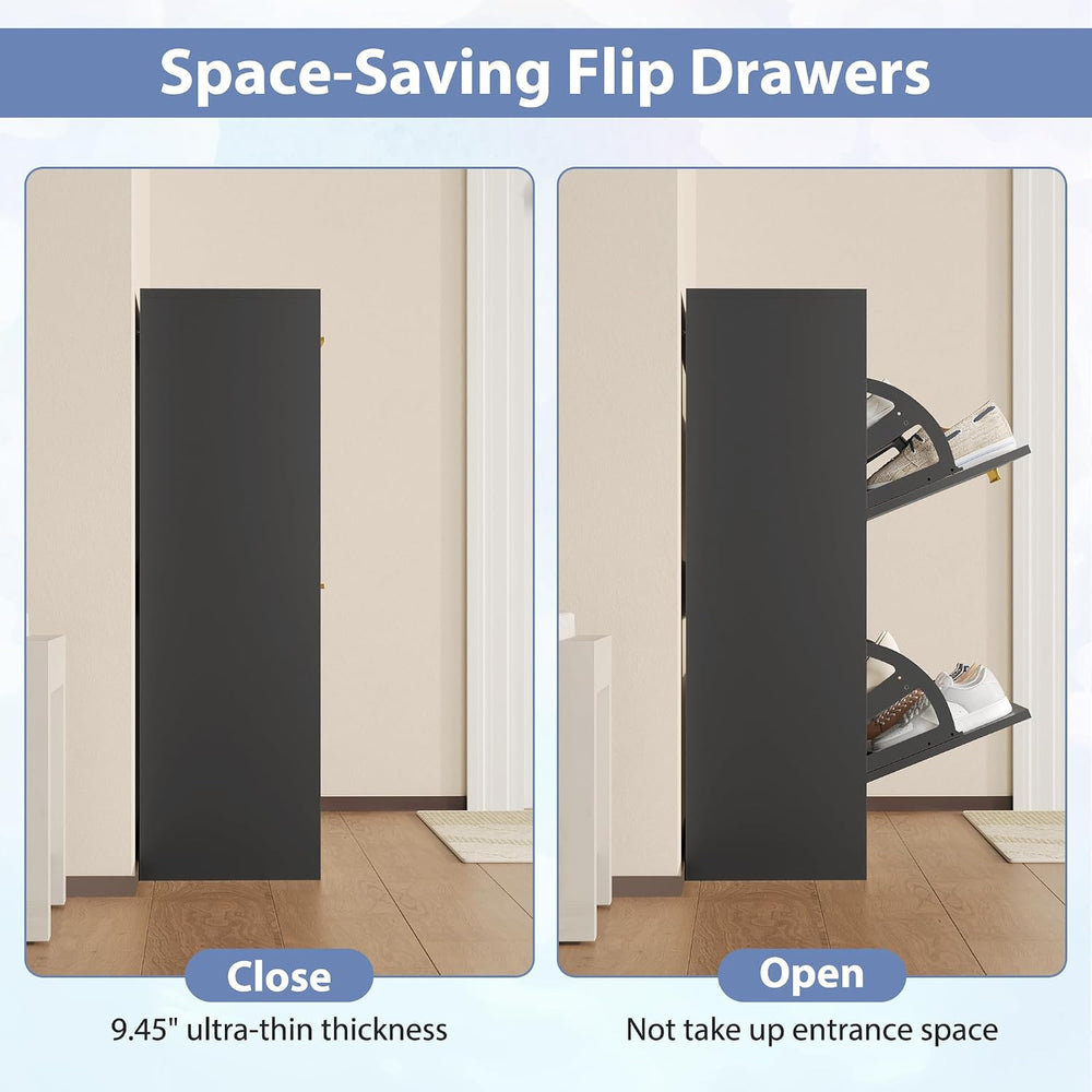 Shoe Cabinet Storage with 2 Flip Drawers and Closed Base, Black丨Hidden Shoe O...