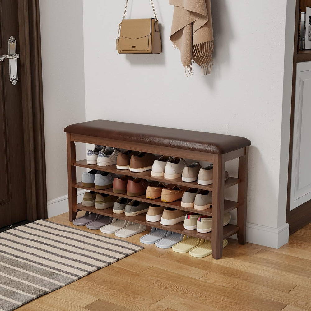 AQIMUELE Shoe Bench with Leather Cushion, 3 Tiers Shoe Storage Bench Height A...