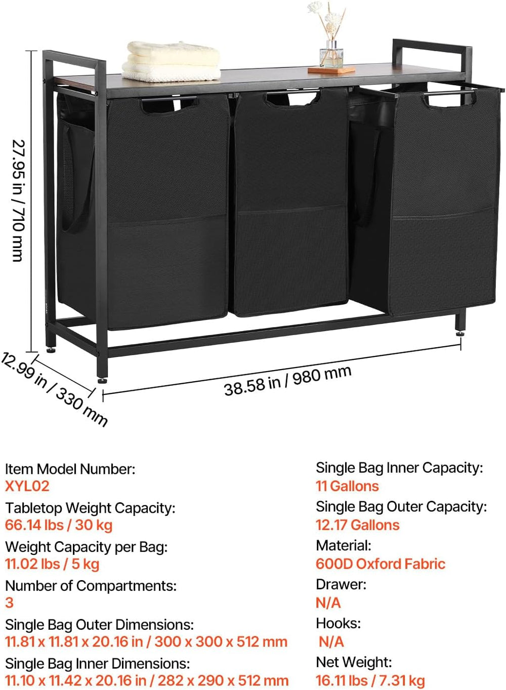 VEVOR 3 Section Laundry Sorter, Large Laundry Hamper with Metal Frame and Woo...