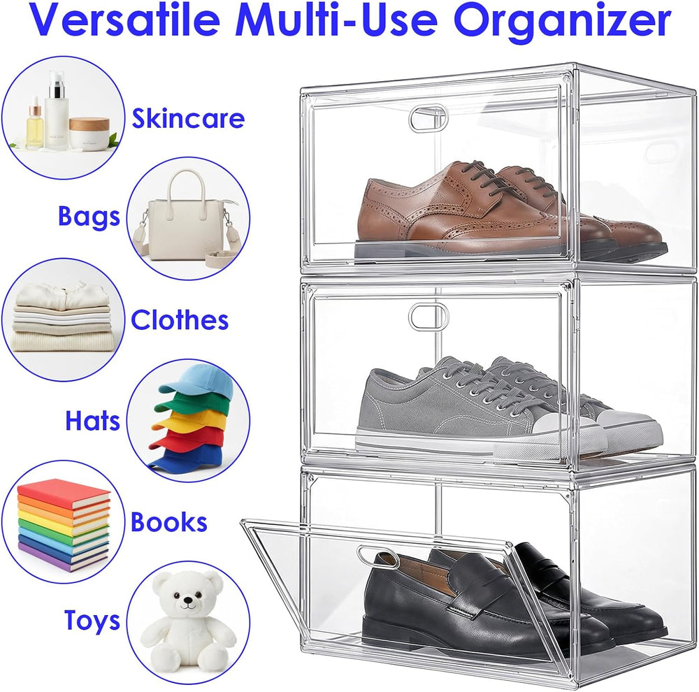 3-Pack Clear Stackable Shoe Display Cases – Large Plastic Storage Bins with M...