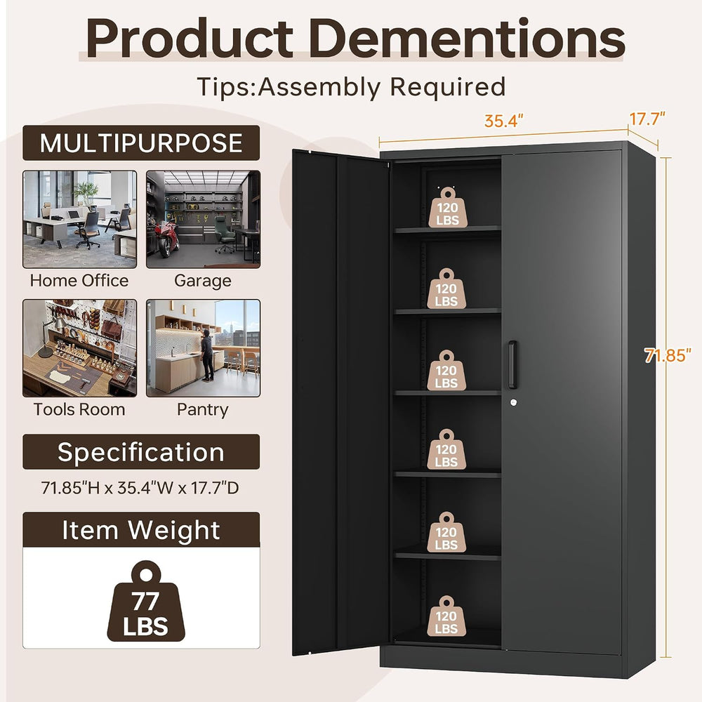 72"H Metal Storage Cabinets, Tall Locking Garage Cabinet with 2 Doors an...