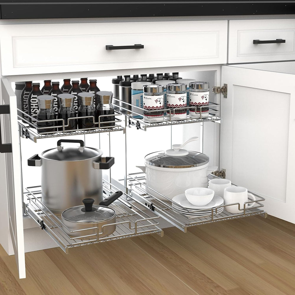 2 Tier Pull Out Cabinet Organizer, 20" W x 21" D Heavy-Duty Metal S...