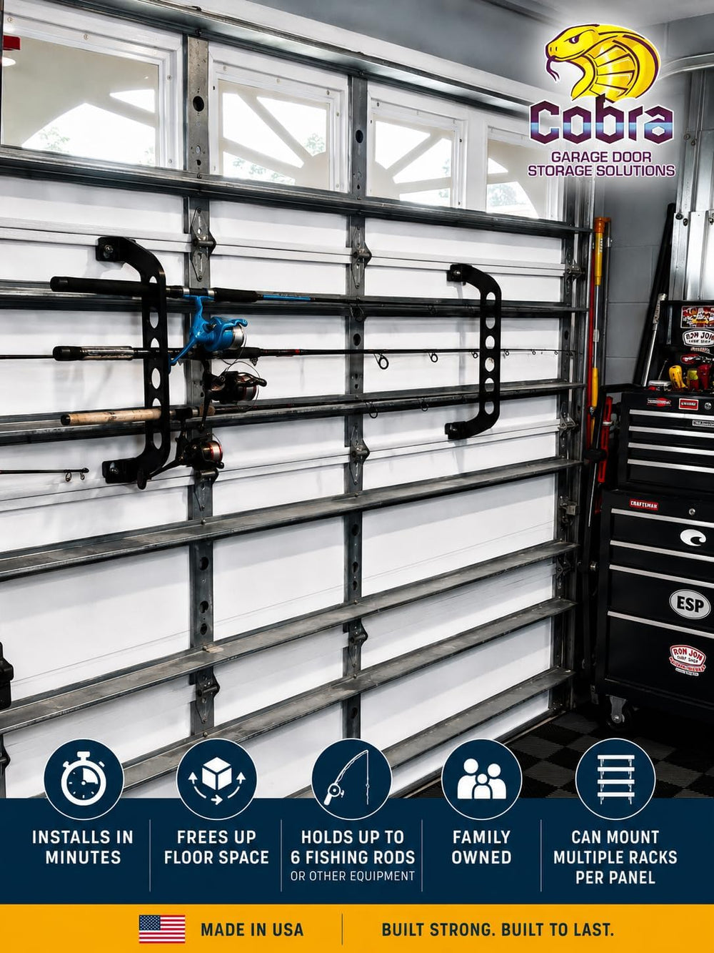 Cobra Storage Garage Door Storage Rack - 21" Black ABS Plastic Fishing R...