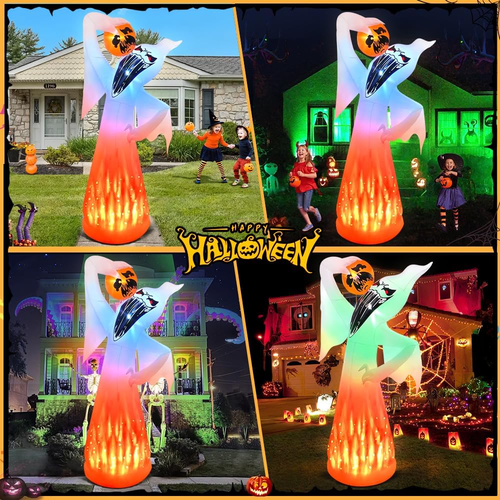 10 FT Halloween Inflatables Ghost with Pumpkin Decoration, Built in Flame Rot...