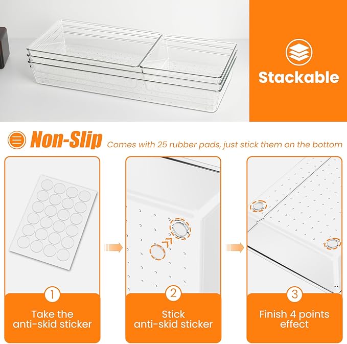 12 Pack Clear Plastic Drawer Organizer Set, Acrylic Non Slip Non Cracking