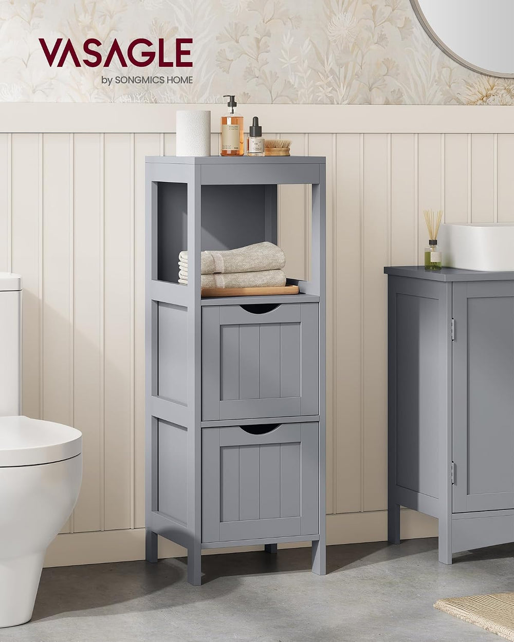 VASAGLE Bathroom Floor Cabinet, 2 Drawers, 35" H, Dove Gray