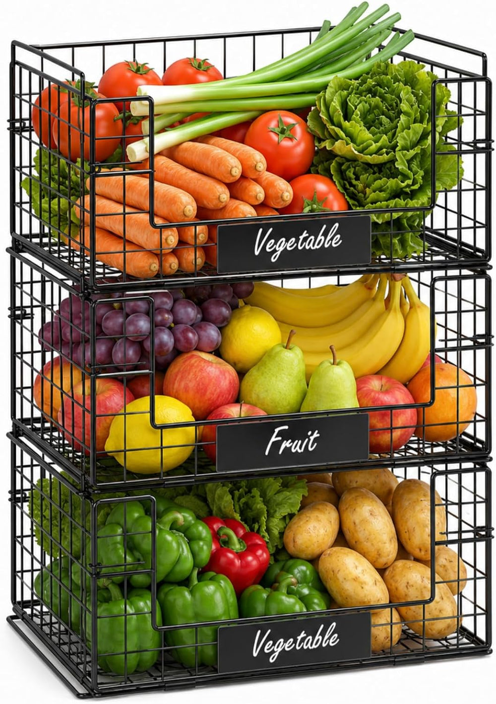 3 Pack XXL Stackable Wire Baskets with Handles & Name Plates