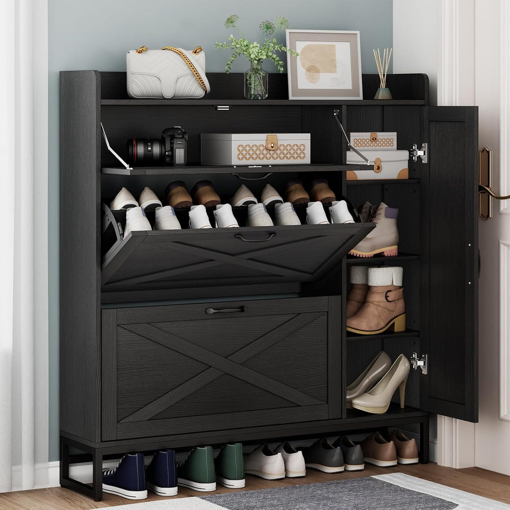 Free Standing Shoe Cabinet with 2 Flip Drawers and Adjustable Side Cabinet