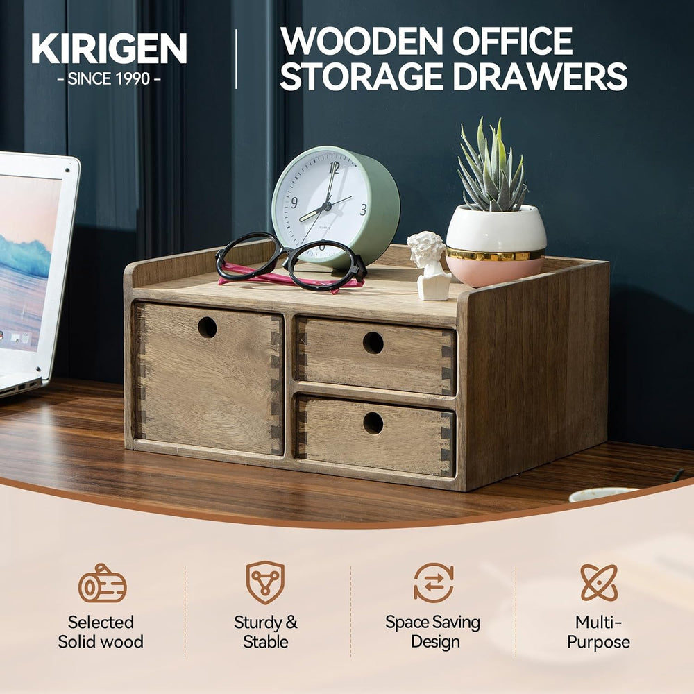 KIRIGEN Wooden Desk Organizer with 3 Drawers and Top Tray, Brown DT1D3C-DBR