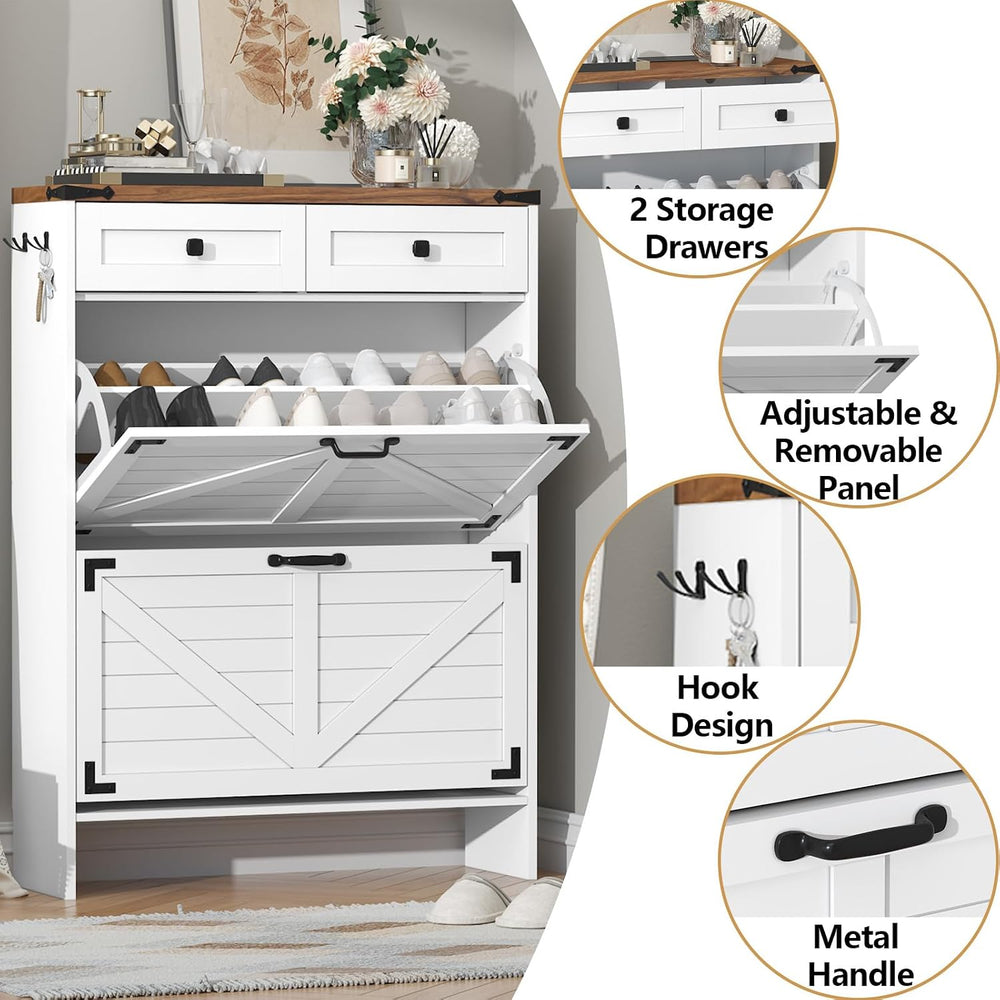 Shoe Cabinet with 2 Flip Drawers and Deodorizing Function, Hidden Shoe Storag...