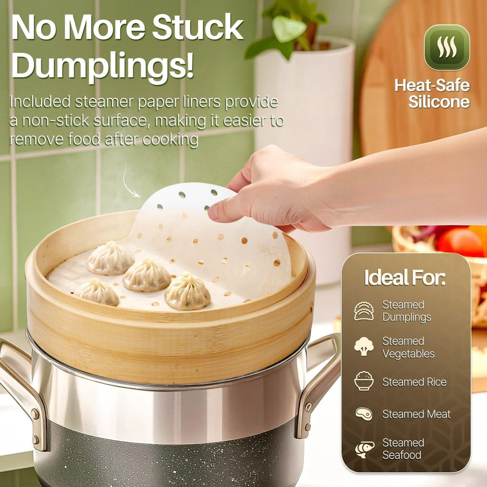 Flexzion Bamboo Steamer Basket Set (8 inch), 50 x Steamer Liners and 2 Pairs ...