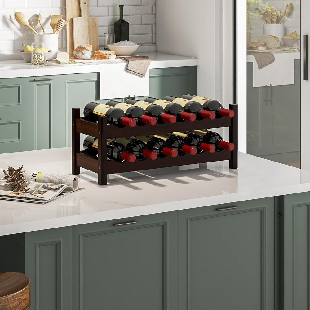 GIANTEX Bamboo Wine Rack, 2 Tier 12 Bottle Wine Storage Cabinet Shelf, Small ...