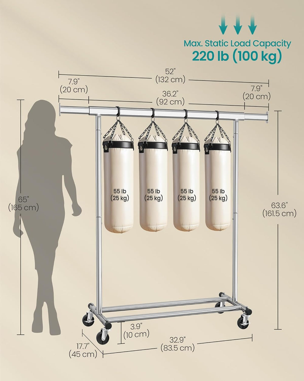 SONGMICS Clothes Rack with Wheels, Heavy-Duty, 220 lb Load Capacity