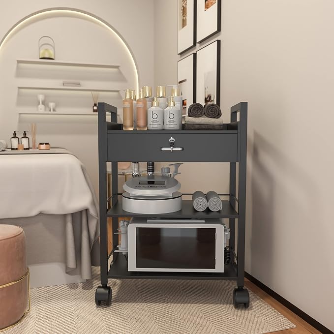 Paddie Salon Trolley Cart, Salon Tray Wooden Mobile Utility Cabinet