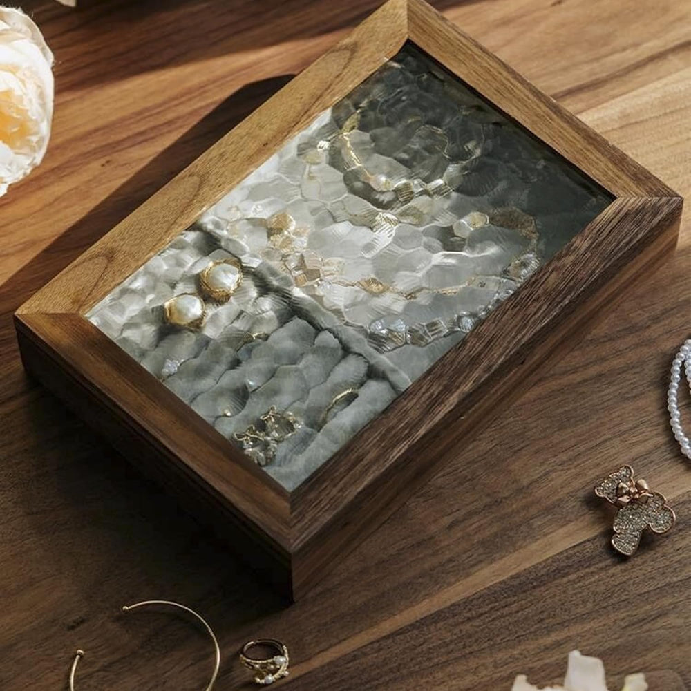 Wooden Jewelry Box with Glass Lid, Multi-Compartment Jewelry Display Case, Li...