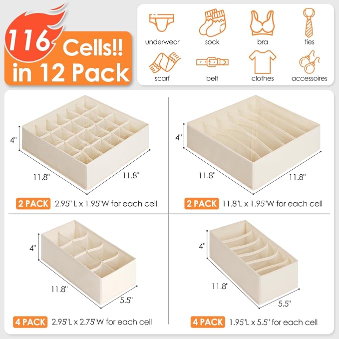 12 Pack Baby Clothes Organizer for Nursery, 116 Cells Fabric Foldable Dresser