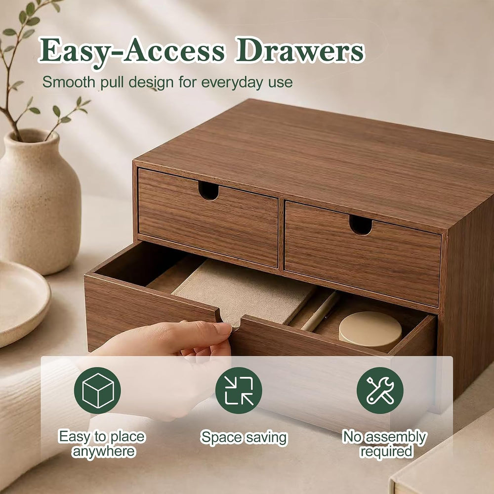 2-Tier Wooden Desk Organizer with 3 Drawers, Walnut Finish