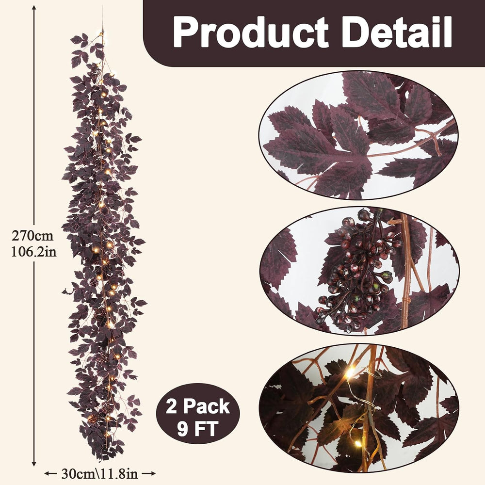 18 FT Plum Cimicifuga Seeded Garland with Light for Mantle, Artificial Fall L...