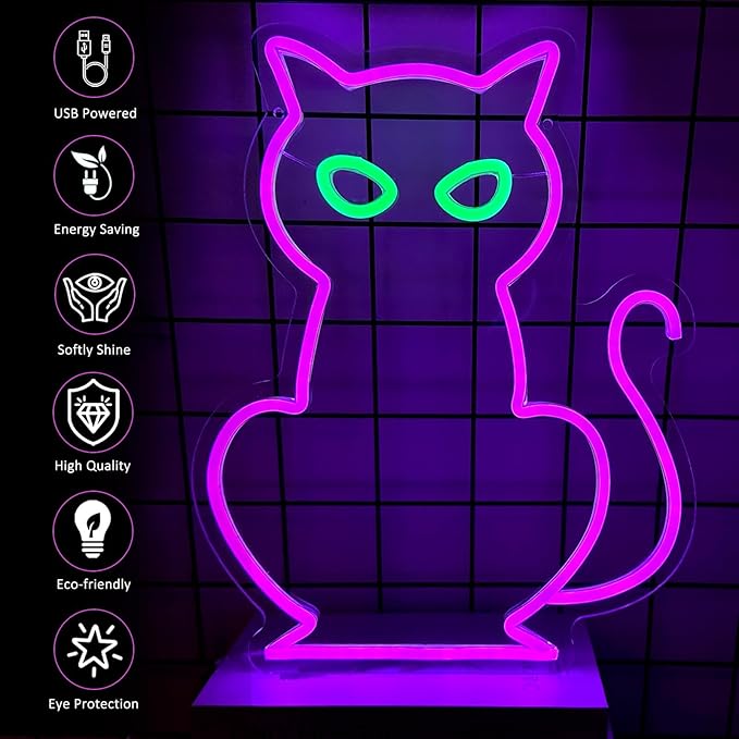 Cat Neon Signs for Wall Decor, Purple Cat LED Neon Sign USB Powered, Hallowee...