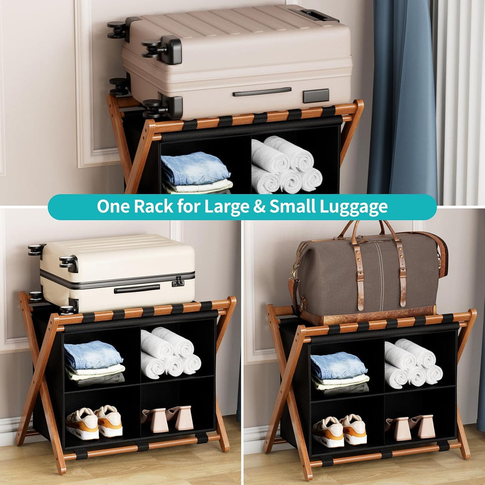 Bamboo Luggage Rack with 4 Storage Compartments, Foldable Suitcase Stand for ...
